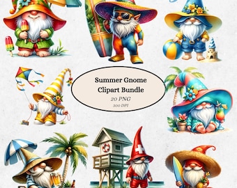 Sommer-Zwerg-Clipart-Bundle, Strand-Garten-Zwerge, Surf-Zwerge, digitale PNG-Dateien, Scrapbooking, druckbare Zwergillustrationen, 20er-Set