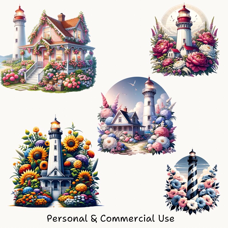 Floral Lighthouse Clipart Bundle – Nautical Graphics, Floral PNG ...