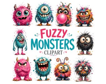 Paquete de imágenes prediseñadas de monstruos adorables y peludos / Monstruos pequeños y coloridos en formato PNG / Gráficos digitales originales para manualidades infantiles, pegatinas e invitaciones