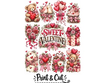 Sweet Valentine Clipart Bundle | Vintage Teddy Bear & Floral Graphics | Digital Print and Cut for Scrapbooking, Cards Sublimation PDF