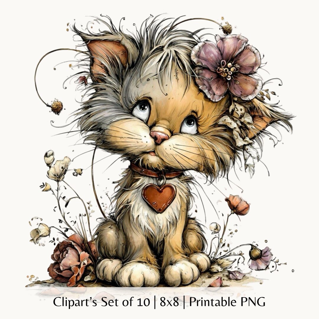 Cute Kitten With Flowers Clipart | Whimsical Baby Cat PNG | Vintage ...