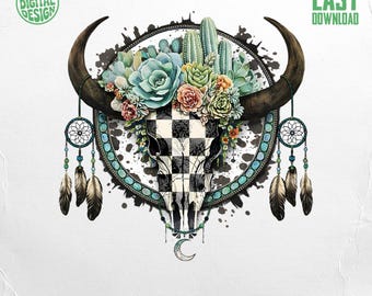 Vintage Steer Skull PNG, Western Digital Design, Boho Bull Skull with Succulents, Dream Catcher, Feathers, Cactus, Rustic Floral Art