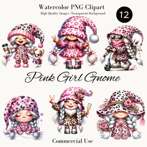 Gnomo de niña rosa, acuarela, patrón de leopardo, conjunto de 12 archivos PNG de descarga digital para uso comercial, clip art de gnomo, niña rosa