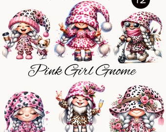 Pink Girl Gnome Watercolor Clipart, Leopard Pattern, Set of 12 Digital Download PNG Files for Commercial Use, Gnome Clip Art,Pink Girl