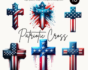 Clipart de acuarela de cruz patriótica: diseños de cruz con la bandera estadounidense, 10 imágenes PNG, uso comercial, descarga digital, fondo transparente