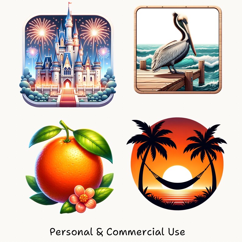K&ouml;nnte beinhalten: Vier farbenfrohe Illustrationen auf wei&szlig;em Hintergrund. Eine zeigt ein Schloss mit Feuerwerk, eine andere einen Pelikan auf einem Steg, eine dritte eine Orange mit Bl&auml;ttern und einer Blume und die letzte einen Sonnenuntergang mit Palmen und einer H&auml;ngematte. Text: "Personal & Commercial Use."