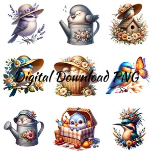 Clipart oiseau PNG, téléchargement numérique oiseau mignon, Art oiseau lunatique, oiseaux dans des chapeaux, graphiques de bébé oiseau, décoration de chambre d'enfant, Images d'oiseaux floraux