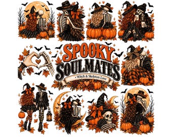 Paquete de imágenes prediseñadas de almas gemelas espeluznantes / Amor de bruja y esqueleto PNG / Sublimación gótica de Halloween / Gráficos con estética otoñal / Arte de diario de recortes