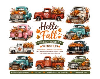 Fall Truck Clipart Bundle | Vintage Pumpkin Truck PNGs | Autumn Harvest Graphics | Rustic Farmhouse Trucks | 10 High Quality Commercial Use