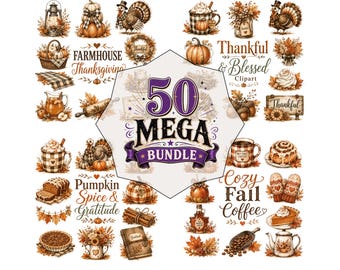 50 Farmhouse Thanksgiving Clipart | Rustic Fall PNG Bundle | Cozy Autumn Pumpkin Spice Graphics | Watercolor Turkey & Fall Coffee PNG