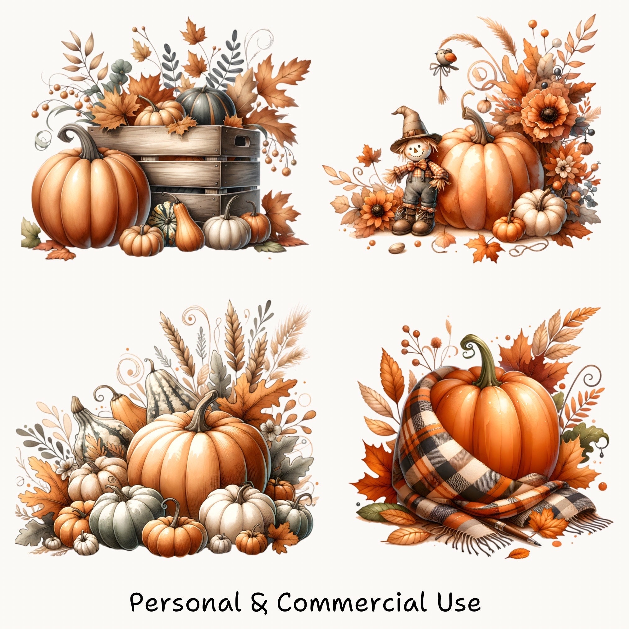Fall Pumpkin Watercolor Clipart – Autumn Coffee PNG Bundle, Harvest ...