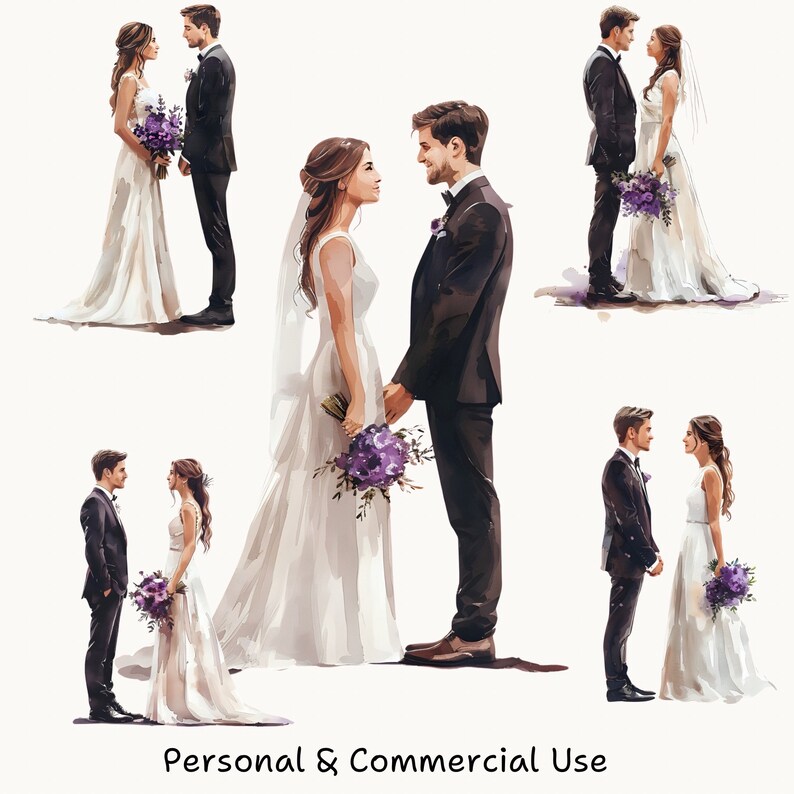 May include: A digital painting of five couples in wedding attire. The couples are standing in different poses, looking at each other and smiling. The painting is done in a watercolor style, with soft colors and brushstrokes.