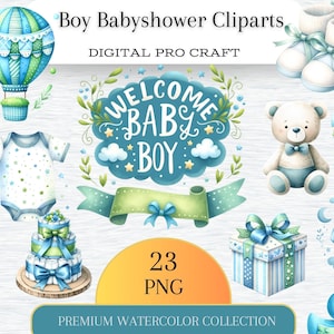 Jongen babyshower clipart bundel, It's a boy png-bestanden, blauwe babyshower png, gender reveal party png, transparante achtergrond, commercieel gebruik