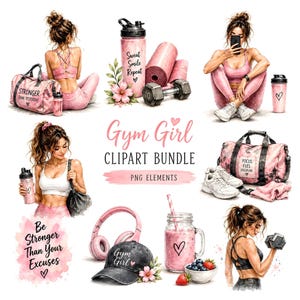 May include: A watercolor-style illustration featuring gym-themed elements. Pink gym bags, water bottles, dumbbells, and workout gear are displayed alongside a woman in workout clothes. The text "Gym Girl Clipart Bundle" is visible.