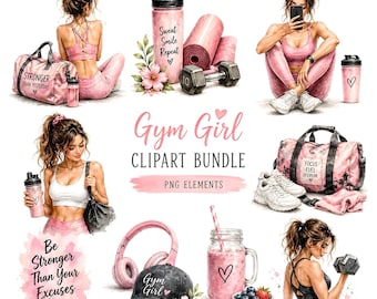 Gym Girl Clipart Bundle | Watercolor Fitness PNG Set | Pink Gym Aesthetic Clipart | Workout Girl Graphics | Digital Download