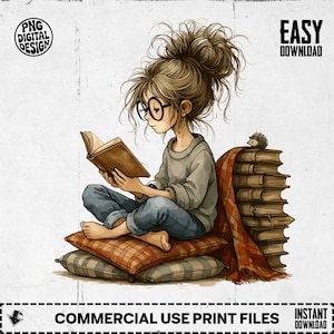Cozy Bookworm Girl Clipart Set | Whimsical Watercolor Reading Illustrations | 5 Vintage Book Lover PNGs | Commercial Use