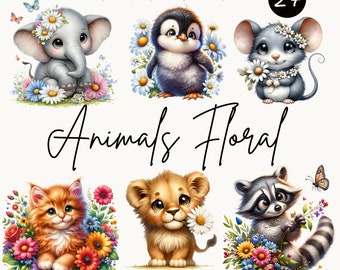 Aquarell Baby Tiere mit Blumen Kollektion: 27 PNG Safari Tier Clipart, Elefant & mehr - süßes Baby Tier Bundle für kommerzielle Nutzung