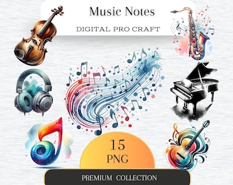 Watercolor Music Notes Clipart, Digital Download, Colorful Musical PNG, Artistic Melody Illustration, Scrapbooking, Invitation Design