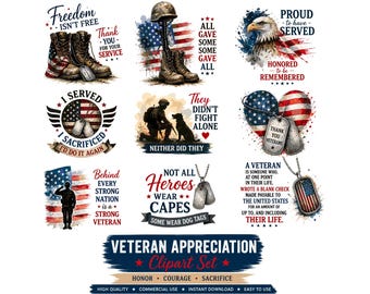 Paquete de imágenes prediseñadas de agradecimiento a los veteranos / Gráficos PNG patrióticos, citas militares, diseños de la bandera estadounidense para sublimación y manualidades.