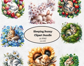 Sleeping Bunny Clipart Bundle, Cute Rabbit Digital Download, Spring Florals Graphics, Easter PNG Files, Scrapbooking, Printable Artwork