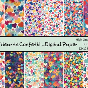 Love Hearts Confetti Digital Paper, Seamless Pattern, Pastel Colours, White, Scrapbook Pages, Digital Backgrounds, Commercial Use