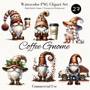 Watercolor Coffee Gnome Clipart Set, Cute Gnomes Digital PNG, High Quality Instant Download, Commercial Use, Crafting Supplies,Scrapbooking