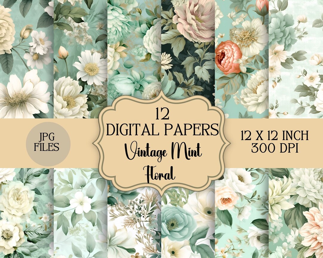 Vintage Mint Floral Digital Paper- Seamless- Repeating Pattern- 12 ...