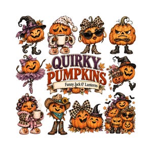 Puede incluir: Una colección de personajes de calabaza de dibujos animados con varios accesorios como sombreros, gafas y ropa, dispuestos alrededor del texto QUIRKY PUMPKINS Funny Jack O' Lanterns. Las calabazas naranjas presentan diversas expresiones y atuendos.