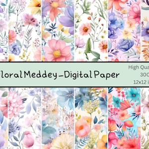 Carta digitale Floral Medley - Sfondi floreali ad acquerello - 12 disegni - 12 x 12 pollici - Uso commerciale - Sublimazione floreale