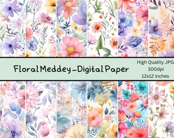 Floral Medley Digital Paper - Watercolor Flower Backgrounds - 12 Designs - 12x12 in - Commercial Use - Floral Sublimation