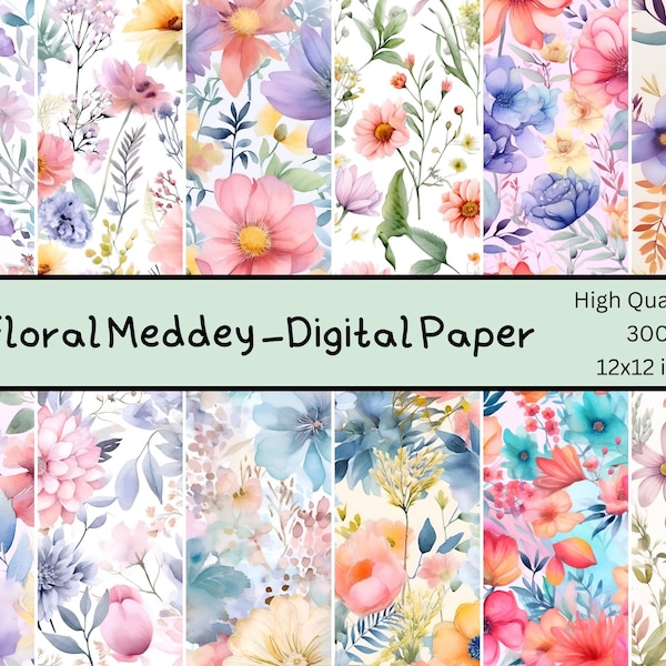 Floral Medley Digital Paper - Watercolor Flower Backgrounds - 12 Designs - 12x12 in - Commercial Use - Floral Sublimation