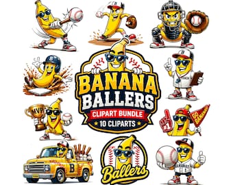 Banana Baseball Clipart Bundle | Funny Sports Mascot PNG | Banana Ballers Digital Download for T-Shirts, Sublimation, and Team Posters