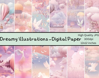 Whimsical and dreamy illustration  - Pastel Colors Digital Paper Pack - 12 Papers - 12in x 12in - Commercial Use - INSTANT DOWNLOAD
