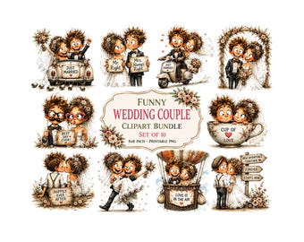 Funny Wedding Couple Clipart Bundle, Whimsical Bride and Groom PNG, Cute Wedding Illustrations for Invitations, Just Married Graphics 10pcs