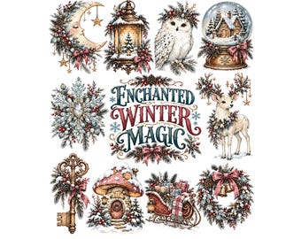 Enchanted Winter Clipart Bundle | Watercolor Christmas PNG | Whimsical Snowy Owl, Reindeer, Lantern Graphics | Vintage Holiday Clipart