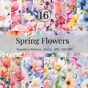 Papel digital floral de primavera - SIN COSTURAS - Patrones de flores de acuarela de primavera - 16 diseños - 12 x 12 pulgadas - Uso comercial - Sublimación floral
