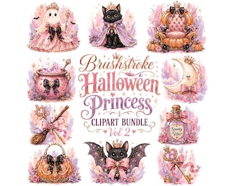 Pink Halloween Princess Clipart Bundle | Pastel Spooky Vibes PNG | Cute Ghost Black Cat Bat Graphics | Brushstroke Watercolor Sublimation