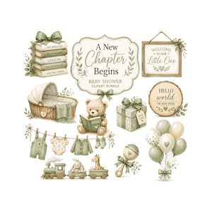 May include: A digital clipart bundle featuring sage green and cream baby shower elements including a stack of books, a bassinet, a teddy bear reading, a gift box, a wooden sign, a clothesline with baby clothes, a toy train, a rattle, and balloons.