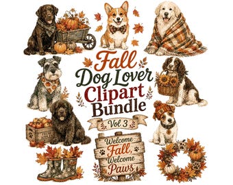 Fall Dog Clipart Bundle Vol 3, Autumn Puppy PNG, Vintage Pumpkin Dogs Graphics, Watercolor Lab Corgi Golden Retriever Art for Sublimation