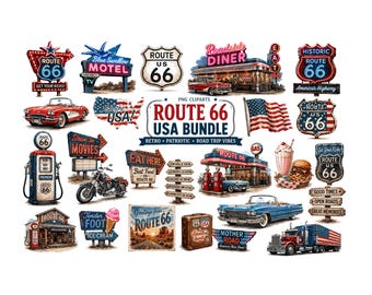 Paquete de imágenes prediseñadas de la Ruta 66 / PNG de viaje por carretera retro estilo americano vintage / Descarga digital de autos clásicos, letreros de neón, surtidores de gasolina y restaurantes de carretera