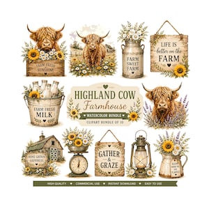 Pode incluir: Um conjunto de ilustrações digitais em aguarela com tema de quinta, incluindo dez elementos: vacas Highland, girassóis, margaridas, uma lata de leite, um celeiro, uma balança, um candeeiro e placas de madeira com textos como Life is better on the FARM.