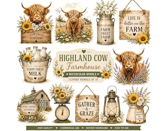 Highland Cow Farmhouse Clipart Bundle | Sunflower Watercolor Digital PNG | Rustic Country Graphics for Sublimation, Junk Journal, DIY Crafts