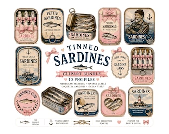 Vintage Tinned Sardines Clipart Bundle | Coquette Sardine PNG, Retro Nautical Fish Labels, Coastal Aesthetic, Tinned Fish Date Night Art