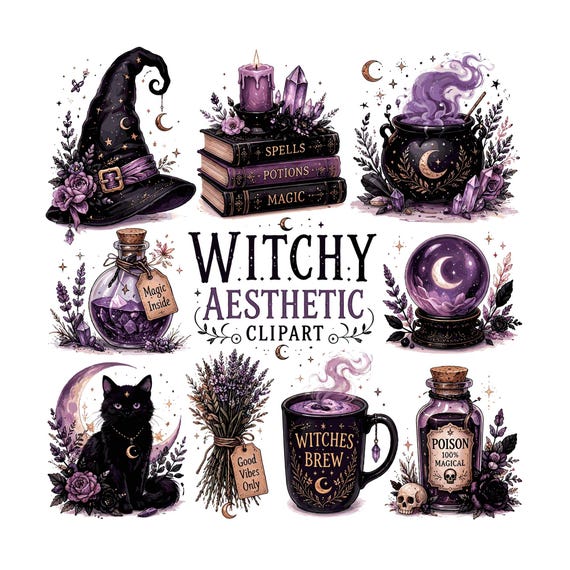 Witchy Aesthetic Clipart Bundle | Purple Mystical PNG Graphics | Black Cat, Cauldron, Potion Bottles, Spell Books | Whimsigoth Digital Art