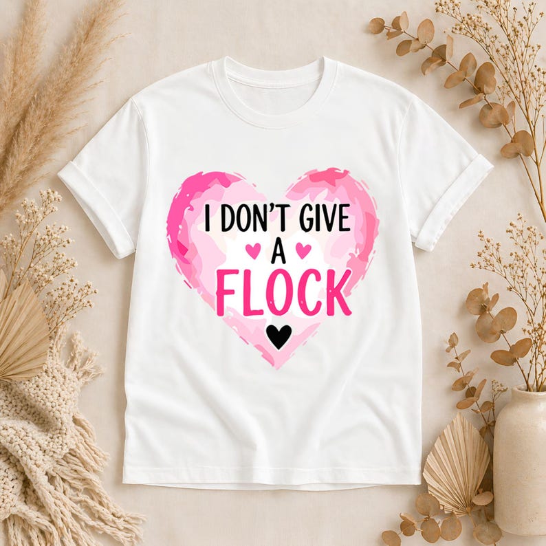 May include: White t-shirt with a pink heart graphic. The heart design features the text "I DON'T GIVE A FLOCK" in black and pink, with small heart accents. A casual, everyday wear tee.