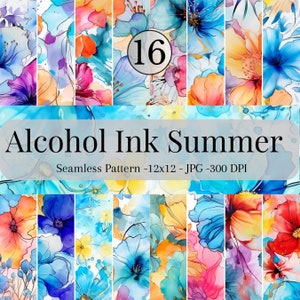 Summer Alcohol Ink Flowers Seamless Patterns - Floral Ink Digital Paper-16 Designs - 12x12in-Commercial Use-Alcohol Ink Flowers Patterns