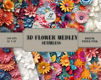 May include: A digital paper pack with 12 seamless patterns featuring 3D paper flowers in various colors and styles. The patterns are 12 inches by 12 inches and 300 DPI.