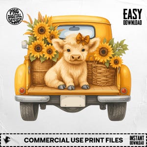 Cute Highland Cow Truck Digital Download, Sunflower Clipart png svg, Fall Autumn Design, Farmhouse Decor, Cow with Bow, Retro Truck
