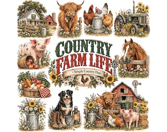 Paquete de imágenes prediseñadas de granja rústica / Vaca de las Tierras Altas PNG, casa de campo, granero rojo, tractor antiguo, animales y girasoles / Descarga digital