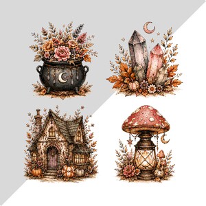 May include: A set of four illustrations featuring a black cauldron filled with autumn flowers and a crescent moon, three tall crystals surrounded by fall foliage, a cottage with pumpkins, and a lantern topped with a large red mushroom cap.